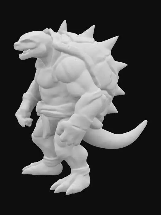 3D model for The image depicts a fantastical ninja turtle Donatello character that resembles the turtle Toho kaiju Anguirus. It has a large, shell-like back, and its front legs are long and muscular, while its hind legs are shorter and more robust. The creature's head is elongated with a prominent snout and a mouth filled with sharp teeth. The overall style of the image is realistic with a focus on detailed textures and shading, giving the creature a lifelike appearance. 1991