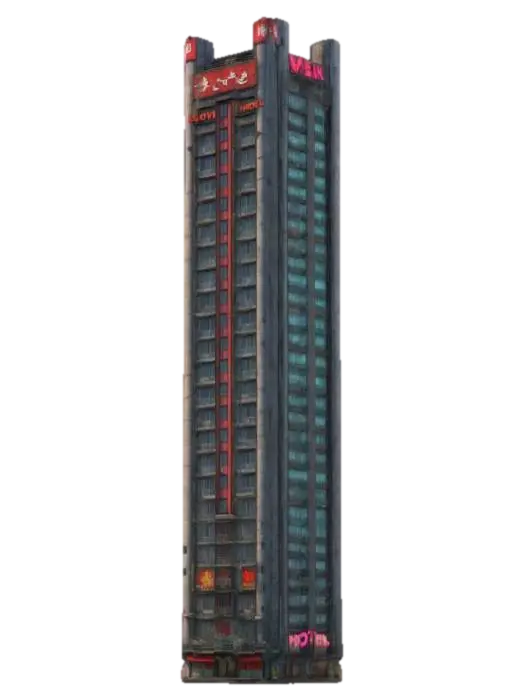 A High-rise ラブホテル Tower, with a kaiju theme. 8k textures, all sides match… - Architectural 3D model, vytvořený pomocí AI