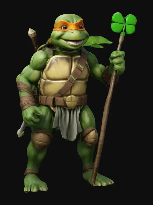 3D model for ninja turtle, #saintpatricks# lucky edition. high detail full equipment. 8k.
