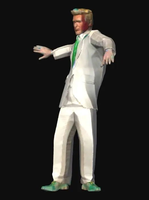 3D model for President Donald-Trump in a silver-white tuxedo, wearing an emerald tie. in a presidential FIGHT! pose, behind the podium of the POTUS. gold-hair, Gold and green shoes. #lucky#