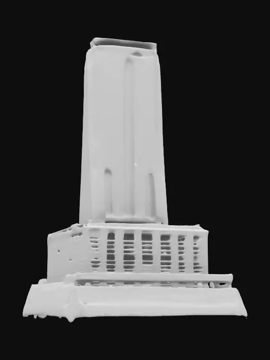 3D model for An object. a stylized skyscraper on a hill with a connected parking-garage. clear and strait steel beams. pristine well framed windows reflecting clouds. the parking garage is made of concrete. 8k shocking detail.