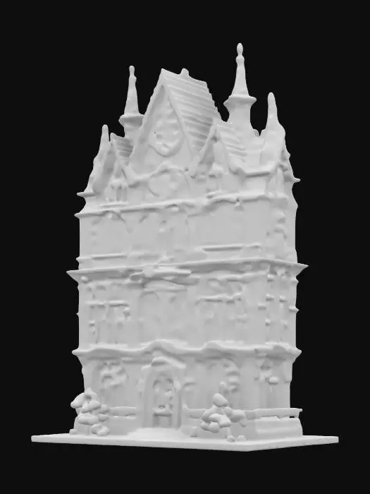 3D model for A life-size 64-meter Pagan Winter spectacular made in a very unique style. it is a joint effort between Willy Wonka and North-pole City. Decorated sparingly for Winter Solstice. ornate carved windows, NVIDIA OptiX, Daz3D, Renderotica, precise textures, deeply carved detail, insane detailed, precise strait_lines, Meshy masterpiece, daytime Christmas lighting. precise texture symmetry, #ChristmasAdventure#