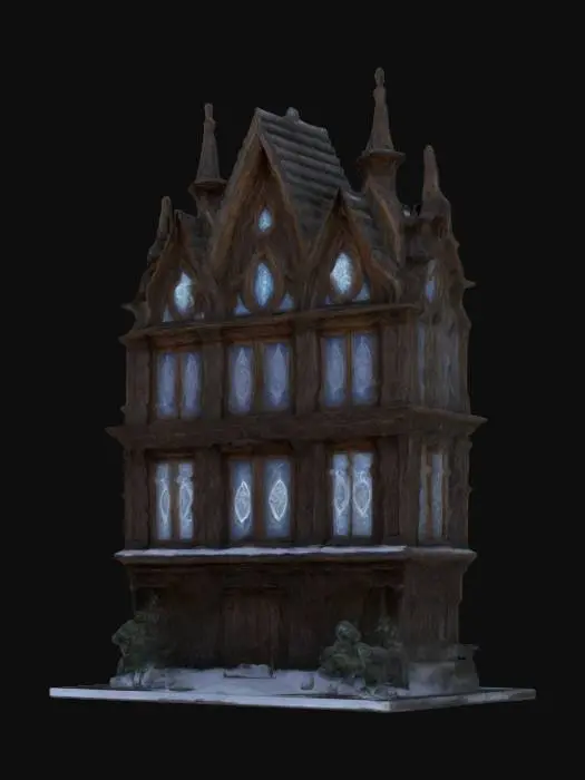 3D model for A life-size 64-meter Pagan Winter spectacular made in a very unique style. it is a joint effort between Willy Wonka and North-pole City. Decorated sparingly for Winter Solstice. ornate carved windows, NVIDIA OptiX, Daz3D, Renderotica, precise textures, deeply carved detail, insane detailed, precise strait_lines, Meshy masterpiece, daytime Christmas lighting. precise texture symmetry, #ChristmasAdventure#