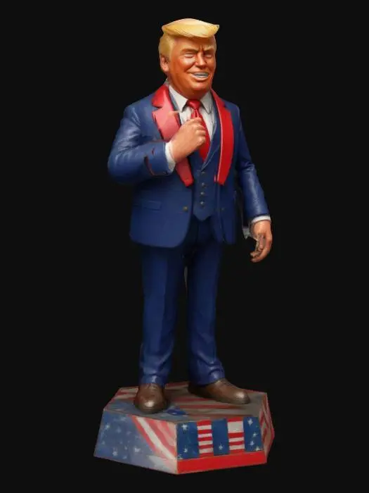 3D model for A detailed game figure of President Donald Trump, on a fancy hex base, 8K textures. clear face and hands. intricate hair detail.  red white and blue suit. #game figure#