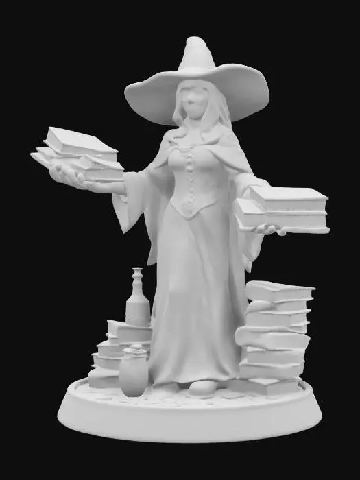 3D model for Enchanted Librarian, Enchantress of books. A witch casting a spell, with books and potions items circling around her. as she stands head to shoes on a hex-base. highly detailed face and hands. plastic game-figure. #game figure#