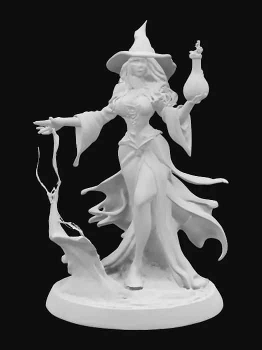 3D model for Aqua Sorceress, Enchantress of water and air. A stylized blue-witch casting a spell, with water and aquatic items circling around her in the air. as she stands head to shoes on a hex-base. highly detailed face and hands. pewter game-figure. #game figure#