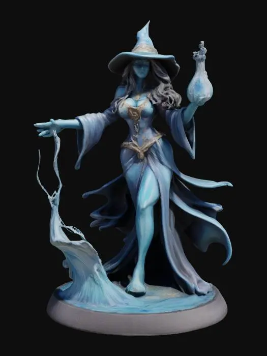 3D model for Aqua Sorceress, Enchantress of water and air. A stylized blue-witch casting a spell, with water and aquatic items circling around her in the air. as she stands head to shoes on a hex-base. highly detailed face and hands. pewter game-figure. #game figure#