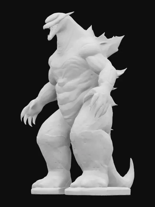 3D model for a life-size 10-meter high, Giant "Pacific Rim" kaiju. Ornate markings. the huge creature is towering over a model warehouse building decorated with fiber-optics for Spring. on a hex-base. The creature is made of colored glass and its anatomy can be seen encased within its smooth transparent body. silver and black spikes. #game figure#
