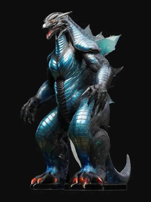 3D model for a life-size 10-meter high, Giant "Pacific Rim" kaiju. Ornate markings. the huge creature is towering over a model warehouse building decorated with fiber-optics for Spring. on a hex-base. The creature is made of colored glass and its anatomy can be seen encased within its smooth transparent body. silver and black spikes. #game figure#