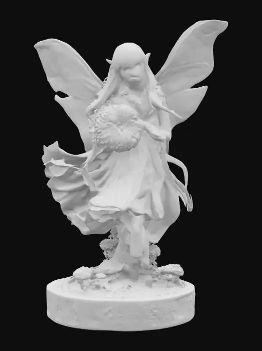 3D model for Fairy Goddess, gelfling, transparent silver wings, detailed mushrooms. Fizgig fluffy fuzzball pet. painted blown-glass figure, on a base. #fairy#