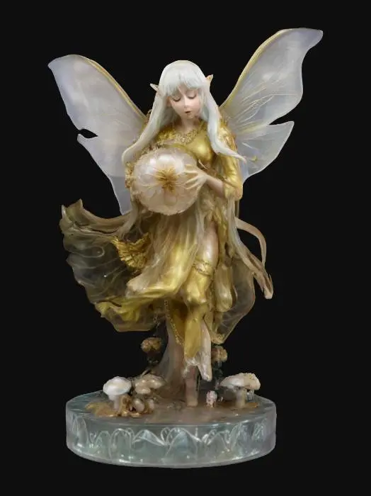 3D model for Fairy Goddess, gelfling, transparent silver wings, detailed mushrooms. Fizgig fluffy fuzzball pet. painted blown-glass figure, on a base. #fairy#