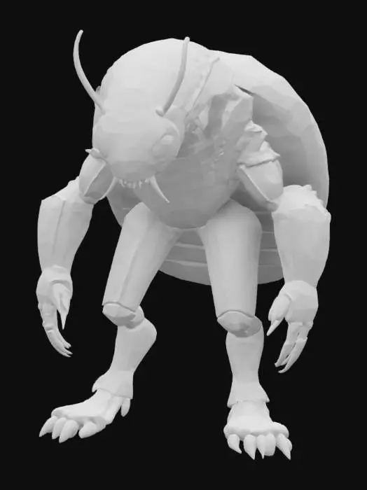 3D model for high-poly Humanoid pillbug / armadillo exoskeleton-armored character. Game-Asset, Highly-Detailed, Ultra-Realistic, Body, A-pose, Full Body, ARMS AWAY FROM THE BODY , detailed face , no hair , no fur , no gun, The armor typically has a dark, metallic color palette, often with touches of red, gold, or green that suggest both ancient power and advanced technology. #fairy#