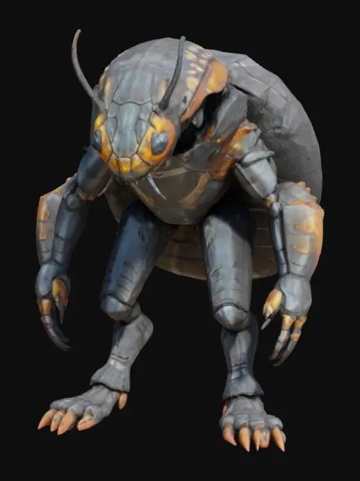 3D model for high-poly Humanoid pillbug / armadillo exoskeleton-armored character. Game-Asset, Highly-Detailed, Ultra-Realistic, Body, A-pose, Full Body, ARMS AWAY FROM THE BODY , detailed face , no hair , no fur , no gun, The armor typically has a dark, metallic color palette, often with touches of red, gold, or green that suggest both ancient power and advanced technology. #fairy#