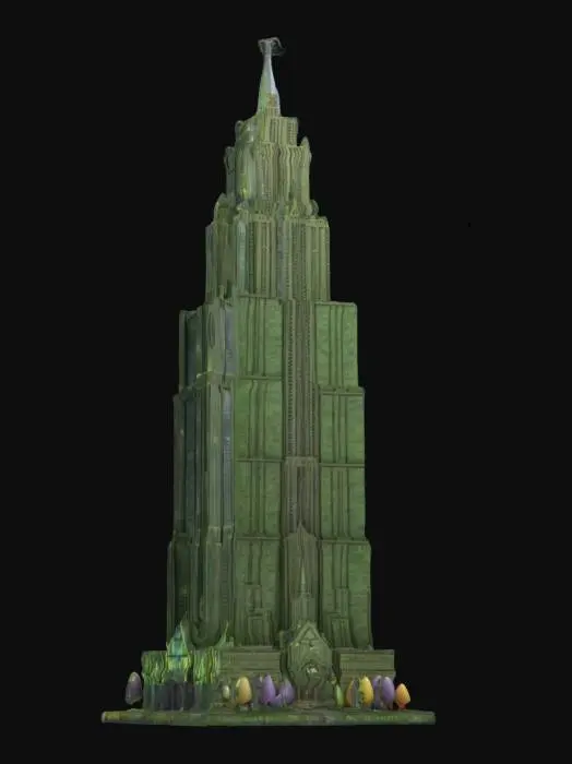 3D model for A life-size giant skyscraper complex. HQ for the Wizard of Oz. Decorated sparingly for Christmas. NVIDIA OptiX, Daz3D, Renderocity, Ray Traced, precise textures, deeply carved detail, highest quality, highest resolution, insane detailed, z-brush, v-ray, good strait_lines, Meshy masterpiece, prize winning, Christmas lighting.  #ChristmasAdventure#