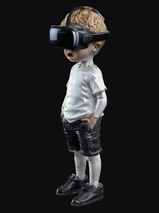3D model for A 1-meter figure of a standing little boy, made of porcelain, wearing a black metal Meta-Quest 3S, VR-headset. 4K porcelain details. visible articulation joints.