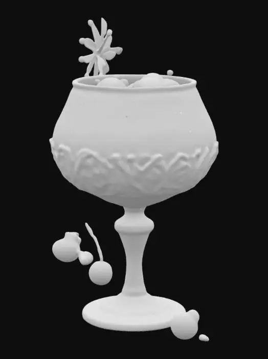 3D model for A super-sized 1-meter elaborate luxury cocktail. incorporate expensive whiskies that are, gold white, and/or silver. also decorated sparingly for Winter Solstice. ornate carved ice, NVIDIA OptiX, Daz3D, Renderocity, intricate textures, deeply carved detail, insane detailed, precise strait_lines, Meshy masterpiece, daytime lighting. precise texture symmetry,