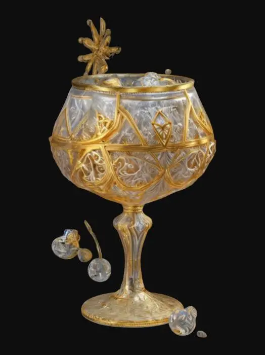 3D model for A super-sized 1-meter elaborate luxury cocktail. incorporate expensive whiskies that are, gold white, and/or silver. also decorated sparingly for Winter Solstice. ornate carved ice, NVIDIA OptiX, Daz3D, Renderocity, intricate textures, deeply carved detail, insane detailed, precise strait_lines, Meshy masterpiece, daytime lighting. precise texture symmetry,