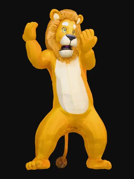 3D model for An anthropomorphic lion costume, professionally designed with detailed texturing, encases a man's figure. The inflatable golden-yellow material boasts a smooth, slightly shiny surface, mimicking lion fur with defined contours. Its large, plush tail arches distinctly upwards. The man's visible face is adorned with professional stage makeup, intricately designed to complement the lion's features, while his real hair, dyed to match the costume's hues, is smooth and neatly styled, not inflated like the rest of the costume. t-pose. NVidia, game-ready.