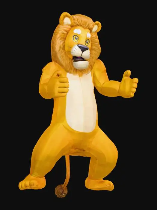 3D model for An anthropomorphic lion costume, professionally designed with detailed texturing, encases a man's figure. The inflatable golden-yellow material boasts a smooth, slightly shiny surface, mimicking lion fur with defined contours. Its large, plush tail arches distinctly upwards. The man's visible face is adorned with professional stage makeup, intricately designed to complement the lion's features, while his real hair, dyed to match the costume's hues, is smooth and neatly styled, not inflated like the rest of the costume. t-pose. NVidia, game-ready.