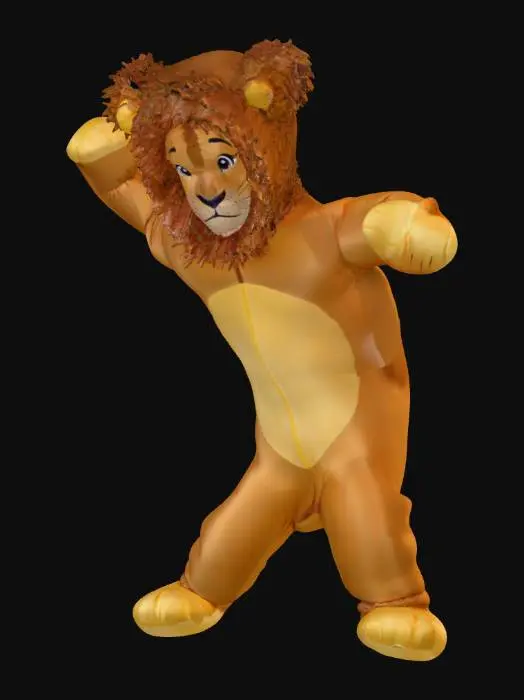 3D model for A little boy wearing a super-cute inflatable costume of Simba the lion-cub. his tail is pointed upwards. (anthropomorphic:1.2), professional-texturing. professionally designed. hair is not inflated, but is dyed, professional stage face-makeup, mittens for paws, cute footsies for feet. A-pose.