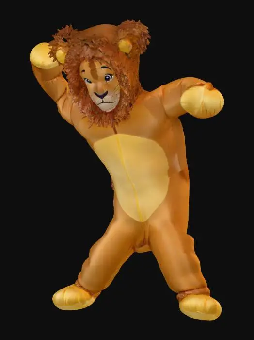 3D model for A little boy wearing a super-cute inflatable costume of Simba the lion-cub. his tail is pointed upwards. (anthropomorphic:1.2), professional-texturing. professionally designed. hair is not inflated, but is dyed, professional stage face-makeup, mittens for paws, cute footsies for feet. A-pose.