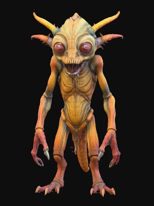 3D model for A life-size stylized tall insect like mugwump creature. ("William S. Burroughs") (Interzone theme). vivid Halloween colorization, NVIDIA OptiX, Daz3D, Renderotica, homoerotic horrific phallus, rough textures, deeply carved detail, highest quality, highest resolution, insane detailed, z-brush, v-ray, Meshy masterpiece, prize winning, Halloween lighting. closed mouth. SFW. featured in the movie; "A Naked Lunch". (no base please.) #Halloween2025#