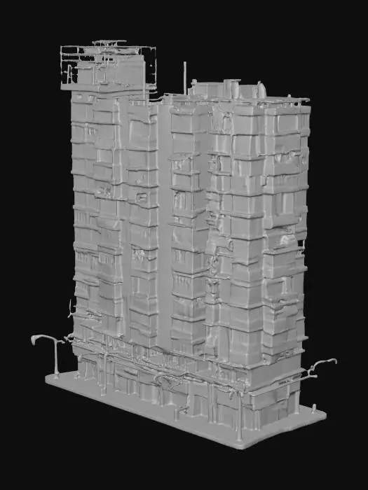 3D model for A life-size 120-meter tall. 50-meter long segment of a Residential structure in the slum of "Kowloon Walled City", historic ghetto, vivid colorization, NVIDIA OptiX, Daz3D, Renderocity, Ray Traced, precise textures, deeply carved detail, highest quality, highest resolution, insane detailed, z-brush, v-ray, good strait_lines, Meshy masterpiece, prize winning, best lighting. 8K, startling-details,