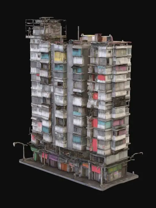 3D model for A life-size 120-meter tall. 50-meter long segment of a Residential structure in the slum of "Kowloon Walled City", historic ghetto, vivid colorization, NVIDIA OptiX, Daz3D, Renderocity, Ray Traced, precise textures, deeply carved detail, highest quality, highest resolution, insane detailed, z-brush, v-ray, good strait_lines, Meshy masterpiece, prize winning, best lighting. 8K, startling-details,