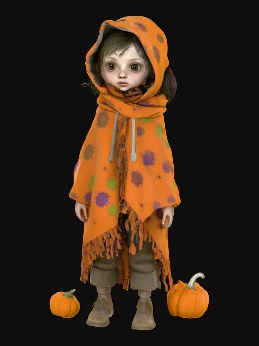 3D model for A life-size stylized little young urchin girl who has wrapped a Halloween themed blanket over her head. "William S. Burroughs" Interzone theme. vivid Halloween colorization, NVIDIA OptiX, Daz3D, Renderocity, Ray Traced, rough textures, deeply carved detail, highest quality, highest resolution, insane detailed, z-brush, v-ray, Meshy masterpiece, prize winning, Halloween lighting. #Halloween2025#