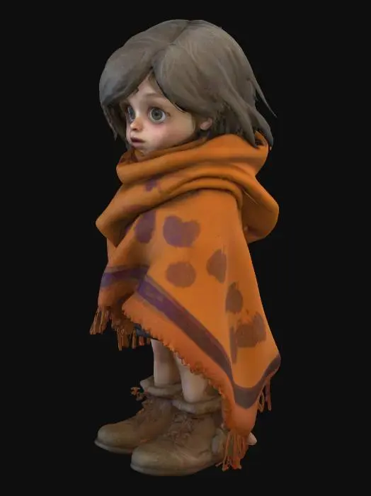 3D model for A life-size stylized little young urchin girl who has wrapped a Halloween themed blanket over her head. "William S. Burroughs" Interzone theme. vivid Halloween colorization, NVIDIA OptiX, Daz3D, Renderocity, Ray Traced, rough textures, deeply carved detail, highest quality, highest resolution, insane detailed, z-brush, v-ray, Meshy masterpiece, prize winning, Halloween lighting. #Halloween2025#