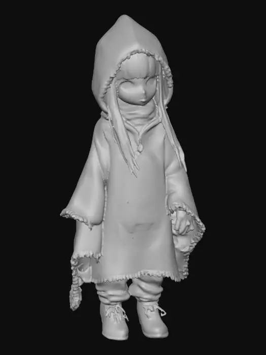 3D model for An ultra-poly, life-size stylized little young urchin girl who has wrapped a Halloween themed blanket over her head. detailed face, very detailed eyes. Done in a "William S. Burroughs" Interzone theme. vivid colorization, NVIDIA OptiX, Daz3D, Renderocity, Ray Traced, rough textures, deeply carved detail, highest quality, highest resolution, insane detailed materials and cloth, z-brush, v-ray, Meshy masterpiece, prize winning, Halloween lighting. #Halloween2025#