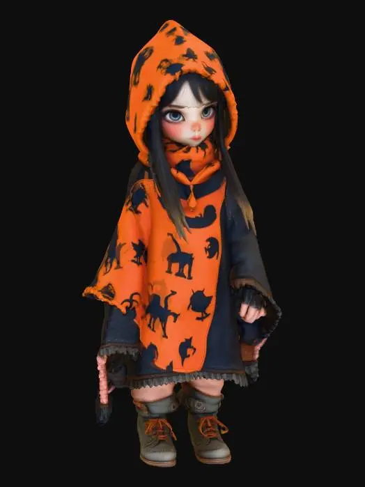 3D model for An ultra-poly, life-size stylized little young urchin girl who has wrapped a Halloween themed blanket over her head. detailed face, very detailed eyes. Done in a "William S. Burroughs" Interzone theme. vivid colorization, NVIDIA OptiX, Daz3D, Renderocity, Ray Traced, rough textures, deeply carved detail, highest quality, highest resolution, insane detailed materials and cloth, z-brush, v-ray, Meshy masterpiece, prize winning, Halloween lighting. #Halloween2025#