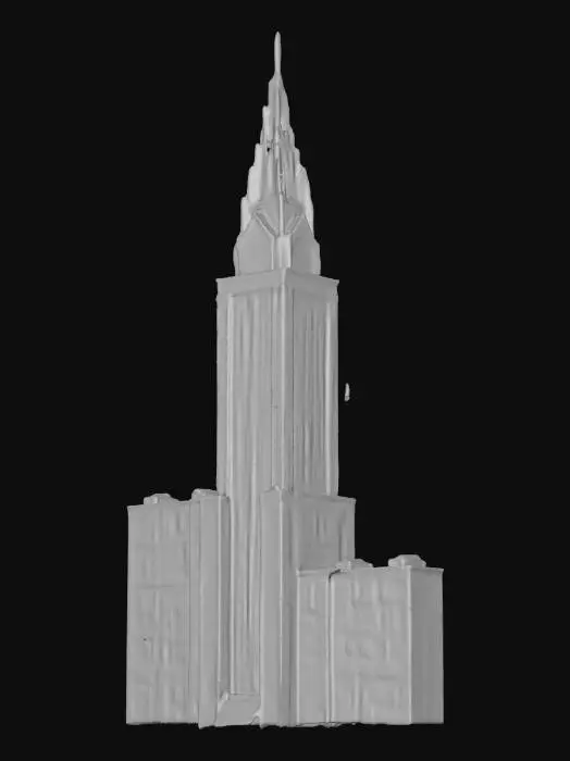 3D model for A life-size giant skyscraper complex that looks similar to the Chrysler Building. it is HQ for the Wiz!. Decorated sparingly for Christmas. ornate jagged carved emerald spire, NVIDIA OptiX, Daz3D, Renderocity, Ray Traced, precise window textures, deeply carved detail, highest quality, highest resolution, insane detailed, z-brush, v-ray, good strait_lines, Meshy masterpiece, prize winning, daytime Christmas lighting. #ChristmasAdventure#