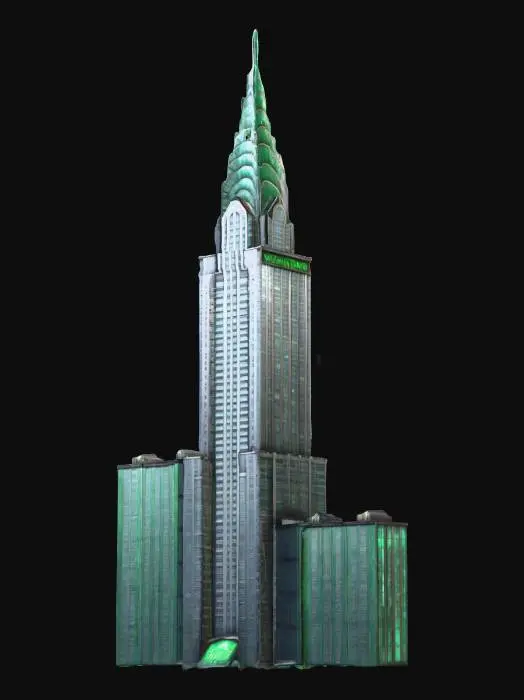 3D model for A life-size giant skyscraper complex that looks similar to the Chrysler Building. it is HQ for the Wiz!. Decorated sparingly for Christmas. ornate jagged carved emerald spire, NVIDIA OptiX, Daz3D, Renderocity, Ray Traced, precise window textures, deeply carved detail, highest quality, highest resolution, insane detailed, z-brush, v-ray, good strait_lines, Meshy masterpiece, prize winning, daytime Christmas lighting. #ChristmasAdventure#