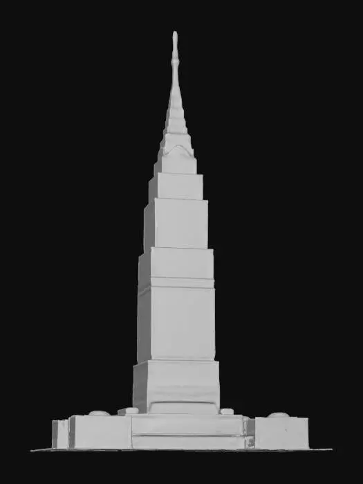 3D model for A life-size giant skyscraper complex that looks similar to the Chrysler Building. it is HQ for the Wiz!. Decorated sparingly for Christmas. ornate jagged carved emerald spire, NVIDIA OptiX, Daz3D, Renderocity, Ray Traced, precise window textures, deeply carved detail, highest quality, highest resolution, insane detailed, z-brush, v-ray, good strait_lines, Meshy masterpiece, prize winning, daytime Christmas lighting.  #ChristmasAdventure#