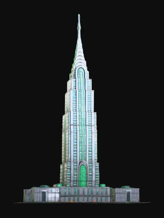 3D model for A life-size giant skyscraper complex that looks similar to the Chrysler Building. it is HQ for the Wiz!. Decorated sparingly for Christmas. ornate jagged carved emerald spire, NVIDIA OptiX, Daz3D, Renderocity, Ray Traced, precise window textures, deeply carved detail, highest quality, highest resolution, insane detailed, z-brush, v-ray, good strait_lines, Meshy masterpiece, prize winning, daytime Christmas lighting.  #ChristmasAdventure#