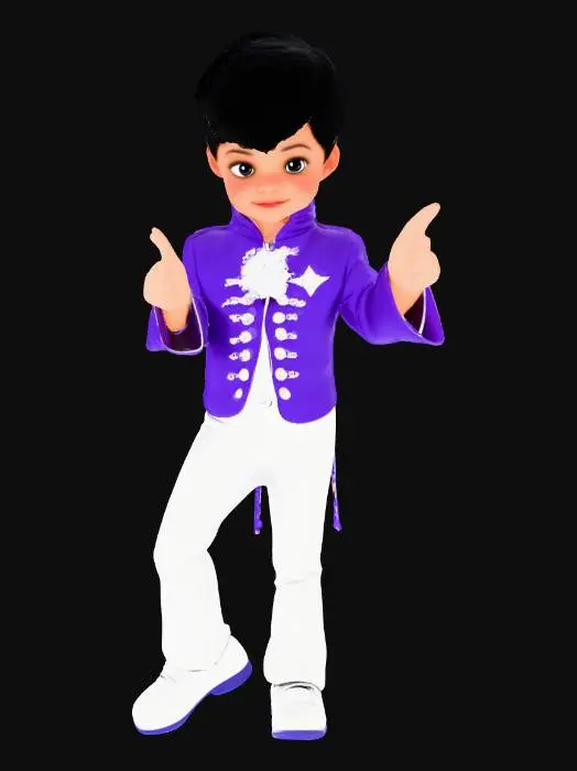 3D model for head to toe figure of six year-old little Prince (1984 Purple Performer), wearing silver shoes. T-pose.