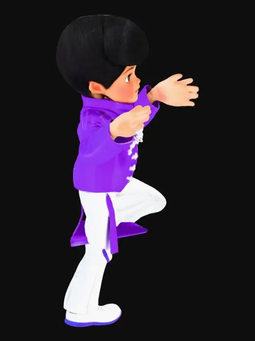 3D model for head to toe figure of six year-old little Prince (1984 Purple Performer), wearing silver shoes. T-pose.