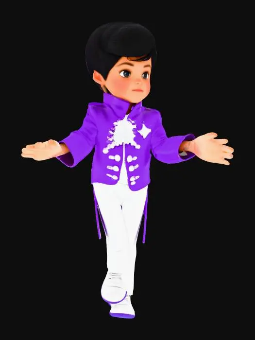 3D model for head to toe figure of six year-old little Prince (1984 Purple Performer), wearing silver shoes. T-pose.