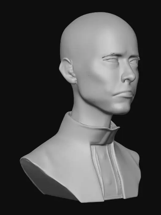 3D model for "Sinéad O'Connor", as a white-collar female-priest. bald-head, spiritual, majestic, regal, cinematic, sparks, reflection of stained-glass, 8K. professional-bust memorial.