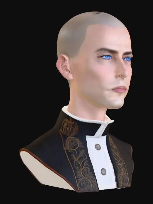 3D model for "Sinéad O'Connor", as a white-collar female-priest. bald-head, spiritual, majestic, regal, cinematic, sparks, reflection of stained-glass, 8K. professional-bust memorial.
