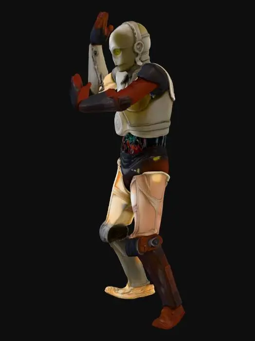 3D model for a figure with no base. c-3po, metallic golden robotic android, headless, his head is detached, do not include his head, from the movie, "Star Wars". 4k professional textures. use no less than 24 different textures, precise symmetry for modeling, game ready. no base, exclude figure base.