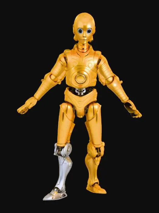 3D model for a figure with no base. c-3po, metallic golden robotic android, headless, his head is detached, do not include his head, from the movie, "Star Wars". 4k professional textures. use no less than 24 different textures, precise symmetry for modeling, game ready. no base, exclude figure base.