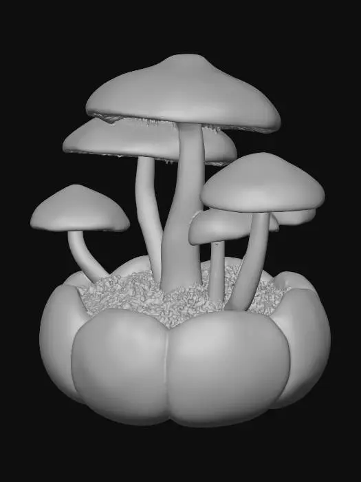 3D model for large shiny mushrooms growing out of a discarded pumpkin. shimmering surfaces #Thanksgiving#
