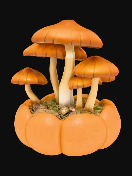 3D model for large shiny mushrooms growing out of a discarded pumpkin. shimmering surfaces #Thanksgiving#