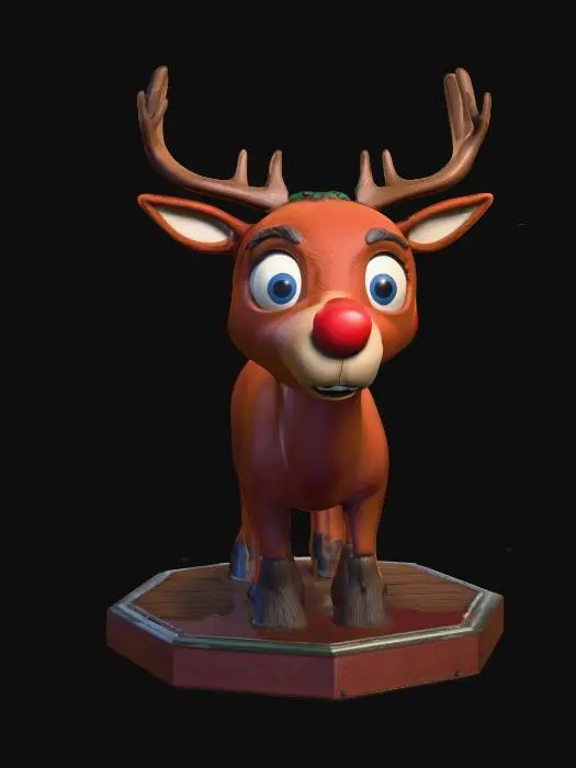 3D model for a stylized life-size character of "Rudolph the Red Nose reindeer" in the Rankin/Bass stop-motion style.  NVIDIA OptiX, deeply carved detail, Highly detailed. Well-lit, highest quality, highest resolution, insane detailed, game asset, on an LED lit hexagonal Christmas base. , #ChristmasAdventure#
