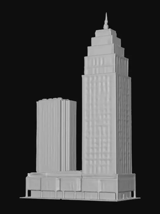 3D model for A life-size giant skyscraper complex that looks similar to the MetLife Building. Designed in the International style. it is Headquarters for North-pole City. Decorated sparingly for Winter Solstice. ornate carved windows, 808 feet (246 m) tall with 59 stories high, very wide, NVIDIA OptiX, Daz3D, Renderocity, precise window textures, deeply carved detail, insane detailed, precise strait_lines, Meshy masterpiece, daytime Christmas lighting. precise texture symmetry, #ChristmasAdventure#
