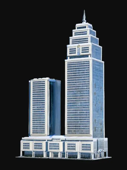 3D model for A life-size giant skyscraper complex that looks similar to the MetLife Building. Designed in the International style. it is Headquarters for North-pole City. Decorated sparingly for Winter Solstice. ornate carved windows, 808 feet (246 m) tall with 59 stories high, very wide, NVIDIA OptiX, Daz3D, Renderocity, precise window textures, deeply carved detail, insane detailed, precise strait_lines, Meshy masterpiece, daytime Christmas lighting. precise texture symmetry, #ChristmasAdventure#