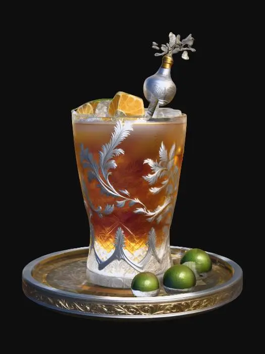 3D model for A super-sized 1-meter elaborate luxury cocktail. incorporate expensive whiskies that are, gold white, and/or silver. also decorated sparingly for Winter Solstice. ornate carved ice, NVIDIA OptiX, Daz3D, Renderocity, intricate textures, deeply carved detail, insane detailed, precise strait_lines, Meshy masterpiece, daytime lighting. precise texture symmetry,