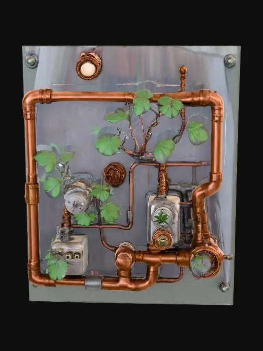 3D model for Industrial Flora, modular, pot-punk, Marijuana-tech wall-panel. grungy-mechanics and copper pipes, Dieselpunk, #Christmas2025#